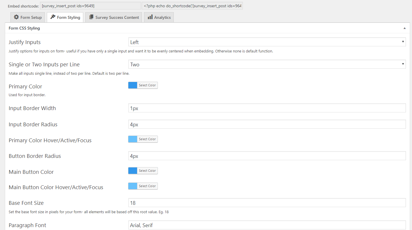 Form styling options in WP admin area