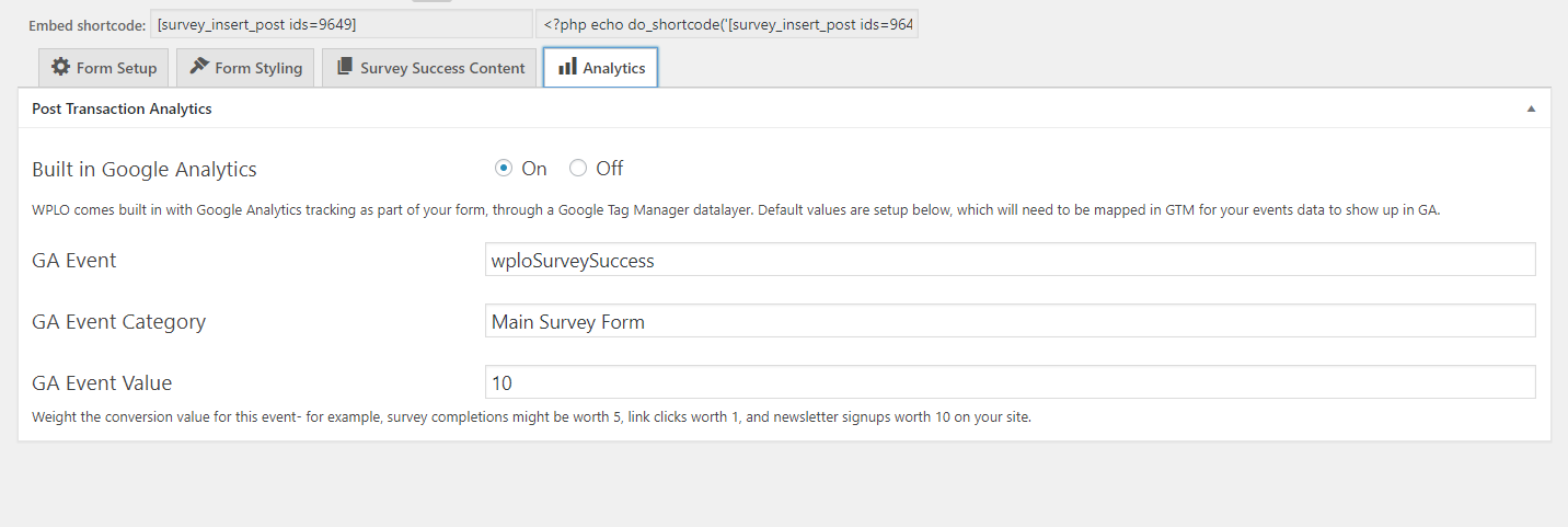 Form analytics options in WP admin area