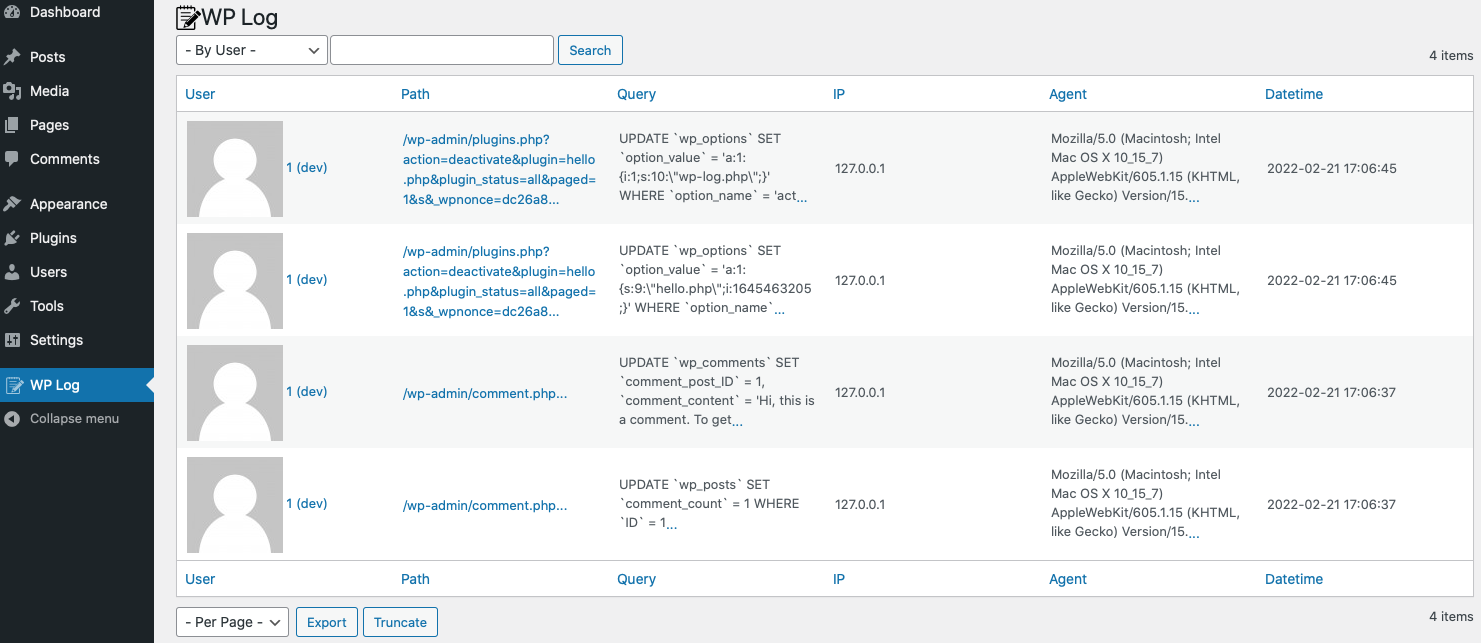 WordPress Log Viewer