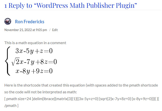 WordPress comments with [pmath] tags mixed with plain text (as shown from WP v:2.5.1 admin tool's detail view)