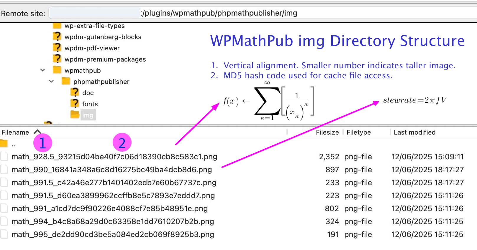 Show how the img subdirectory manages PNG images created by pmath shortcode tags