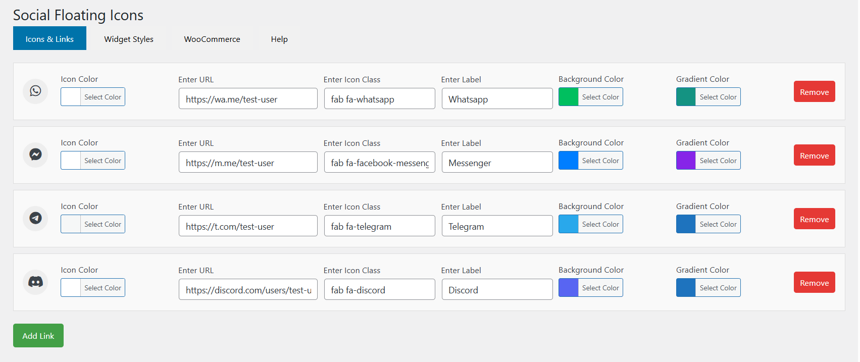 Fully Customizable Styles: Set your own icon color, background color (including gradients), and label text for each link.