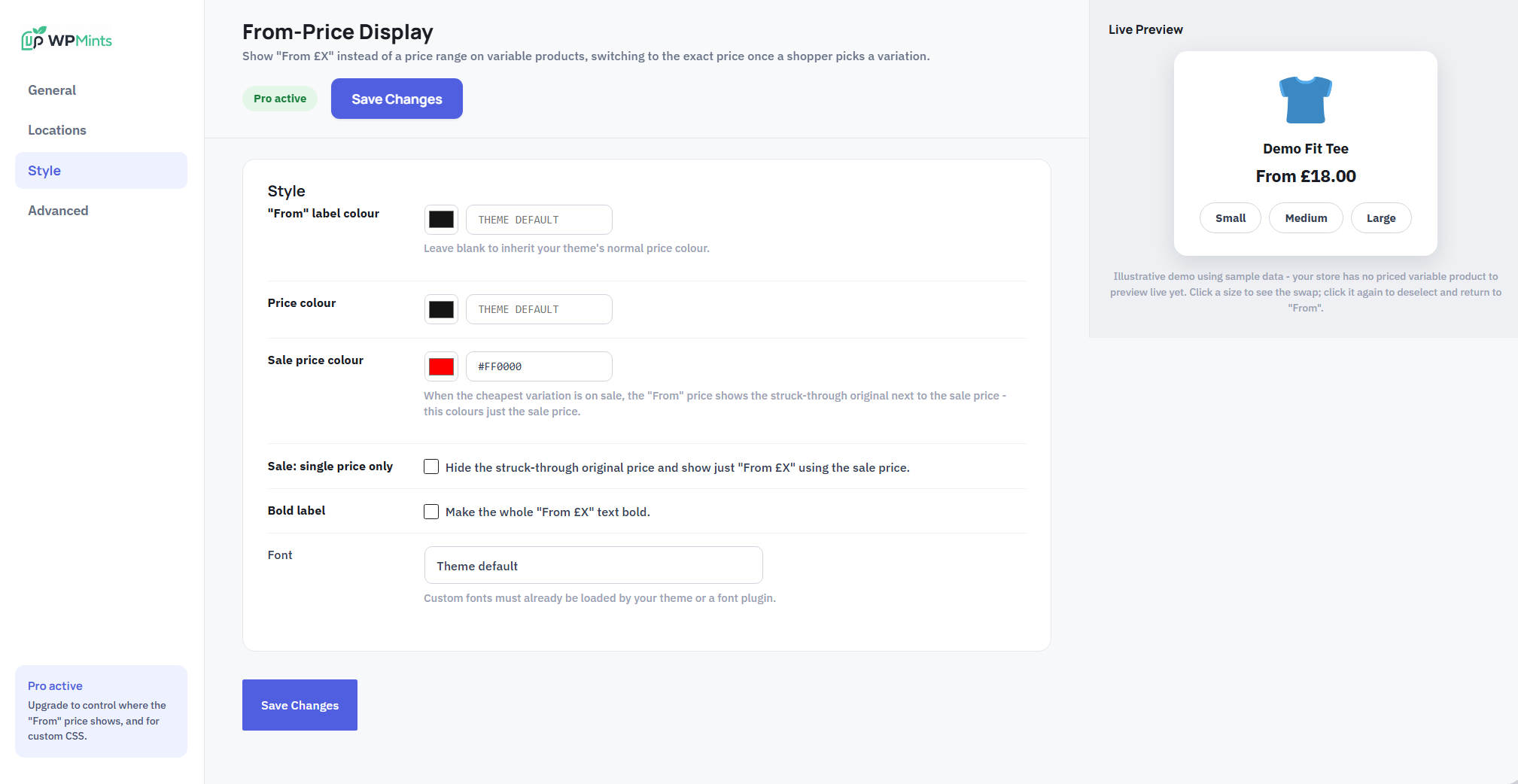 The Style tab - label/price/sale colours, bold, and font.