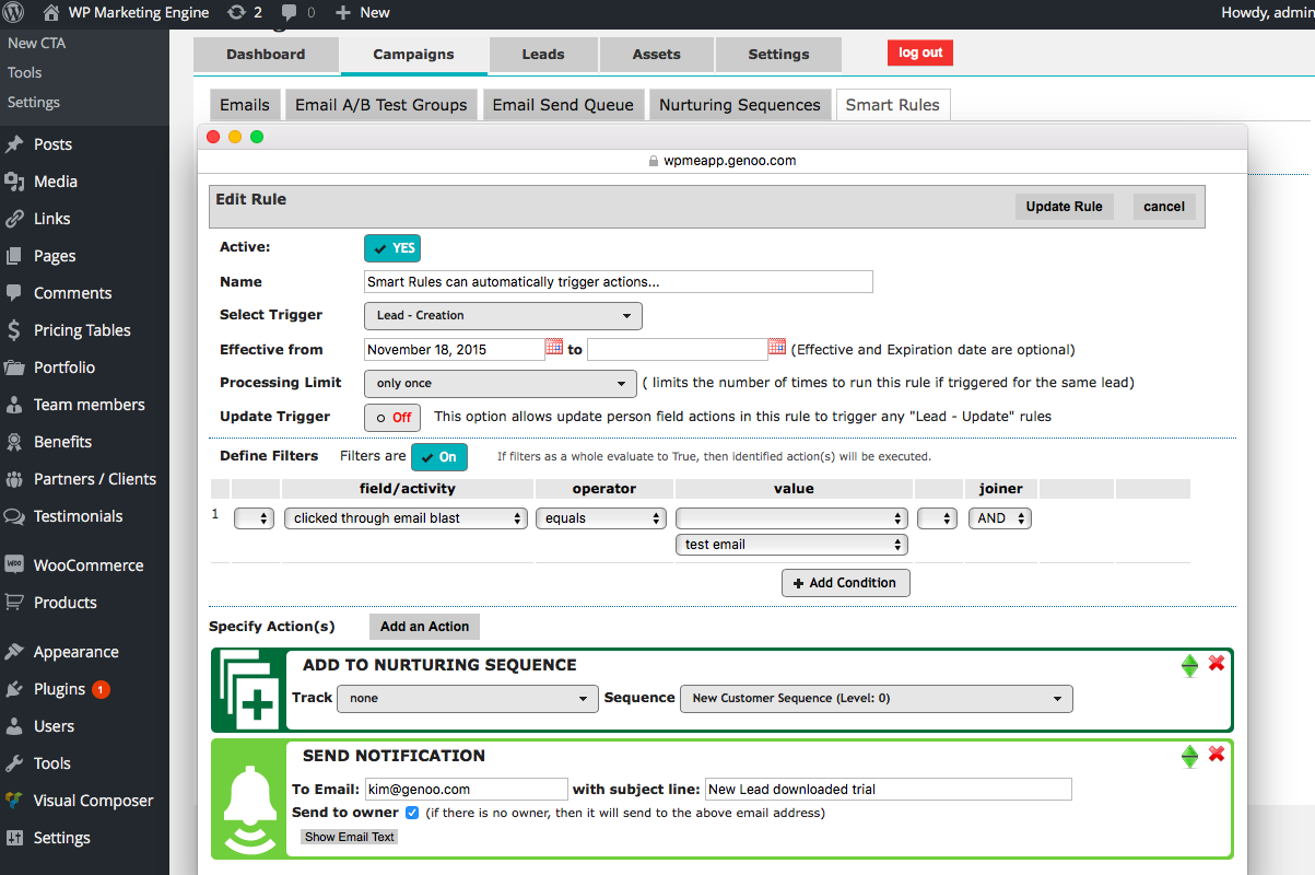 Push all existing subscribers and approved commenters to your WPMktgEngine account easily, and perform other housekeeping activities as needed. (note: once you push your existing subscribers and approved commenters, all NEW subscribers will be pushed automatically - just use the chosen Genoo blog subscribe form on your pages.  Approved commenters will be pushed across in real time to your WPMktgEngine account, as comments are approved).  Understanding which leads are commenting in addition to all their other activity is now seamless!