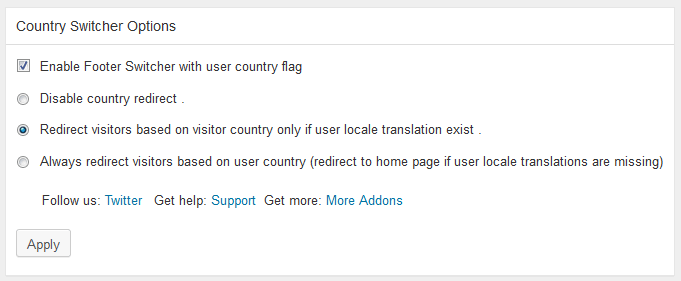 Settings to enable the footer country detector switcher