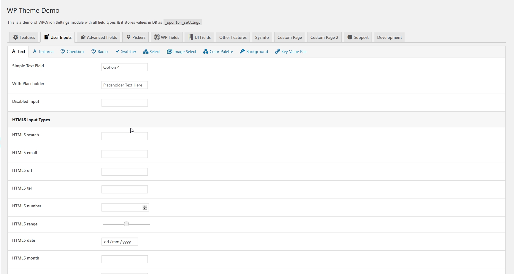 Settings Page : Core Theme