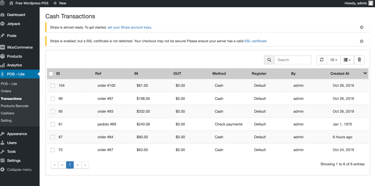 POS Panel after login with wordpress information.