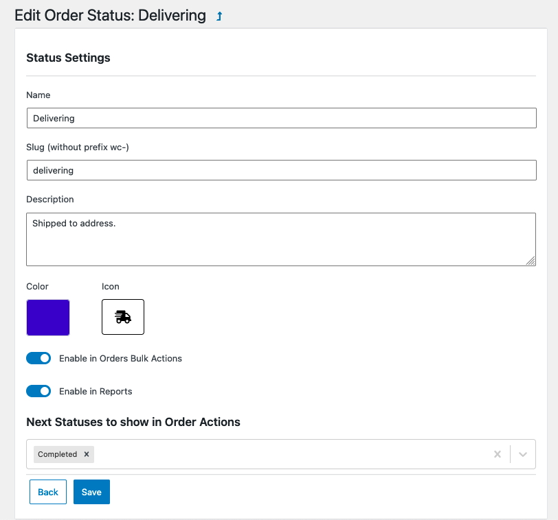 Edit slug, icon, color, description and next order statuses. Enable in reports and order's bulk actions.