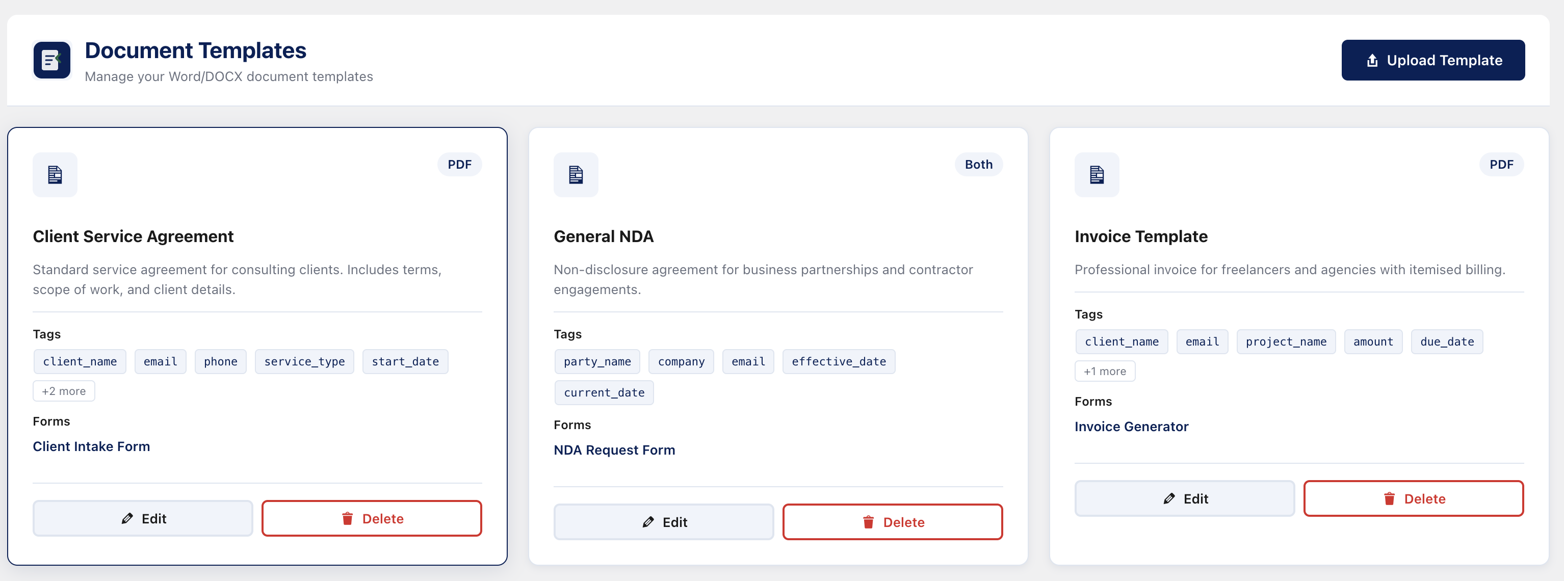Submissions Archive — filterable list with status badges, form names, and PDF download links