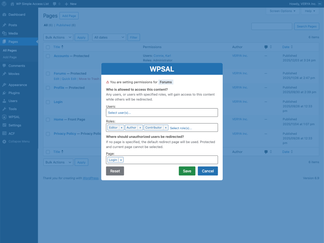 **WPSAL Modal Window** – Popup for selecting access type and individual settings.