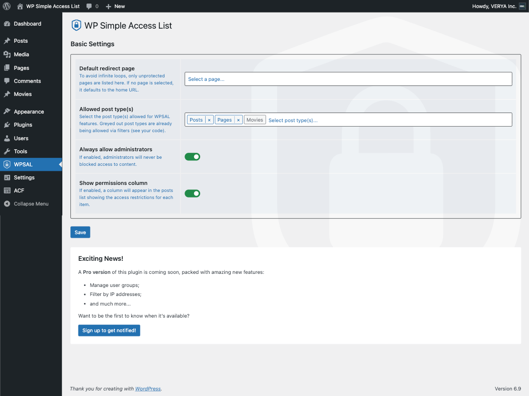 **WPSAL Settings Page** – Main plugin settings page for configuring access control.