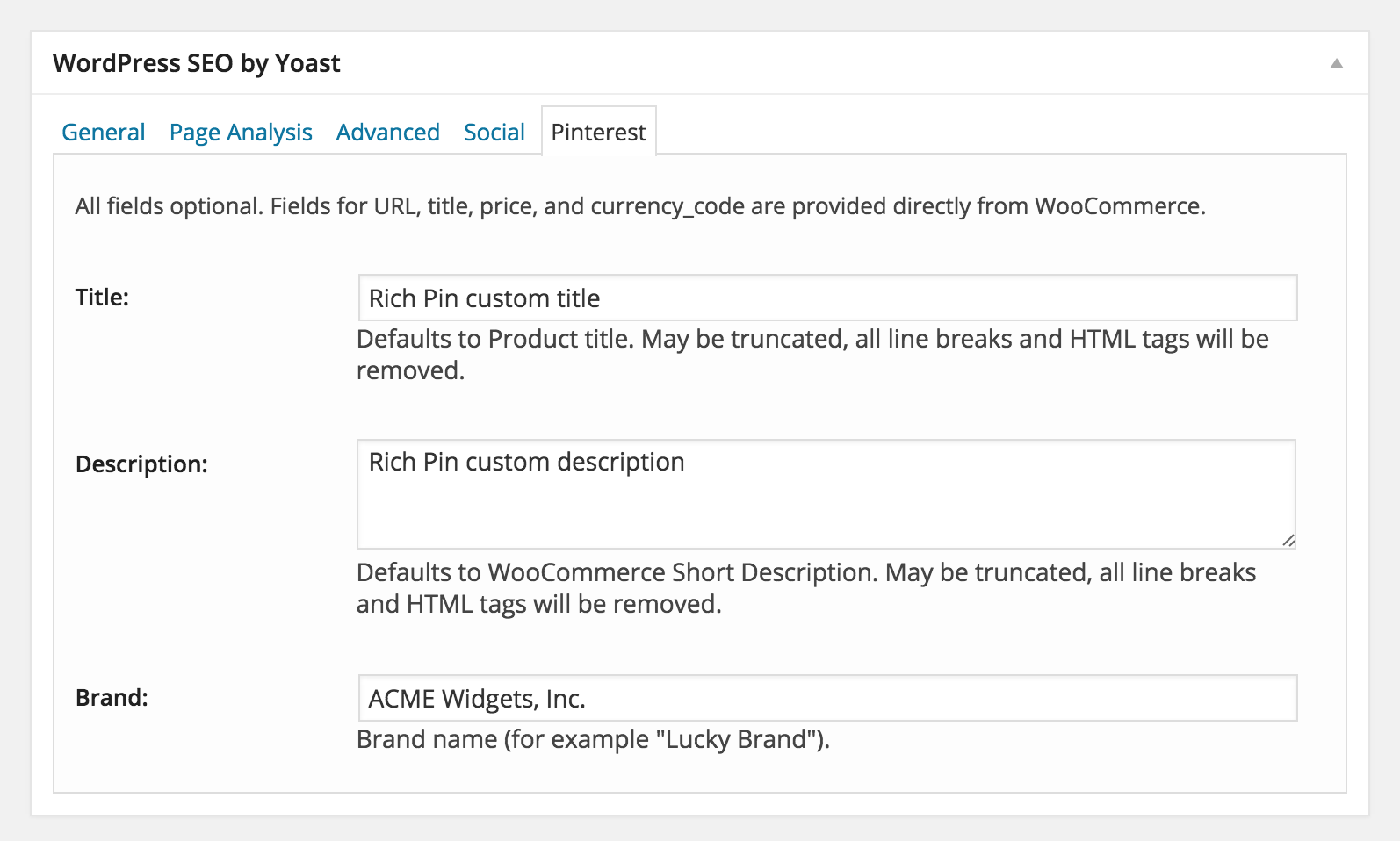 New Pinterest tab with Rich Pin fields added to WordPress SEO's meta box