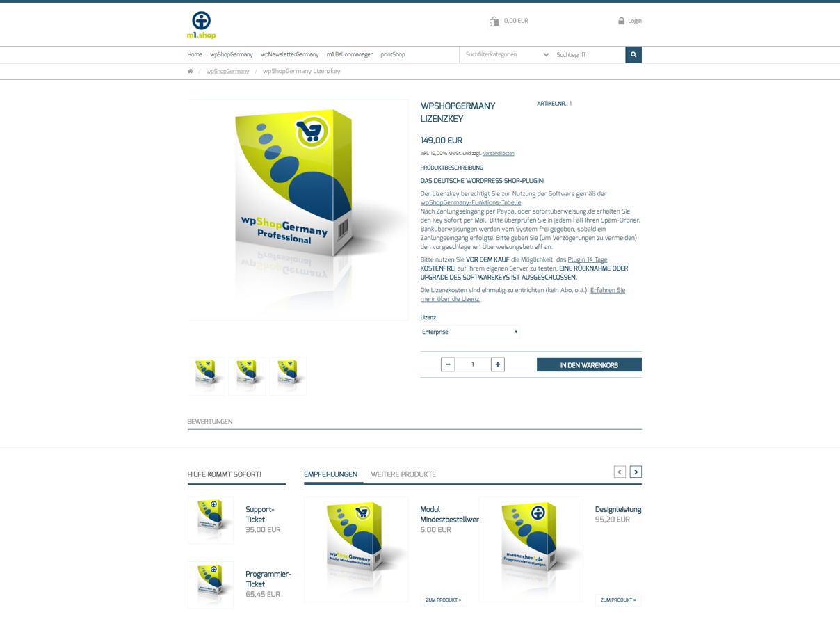 Frontend: Darstellung einer Shopseite mit Produkt + Warenborb-Button sowie Warenkorb-Widget (im ShopThemeOne)
