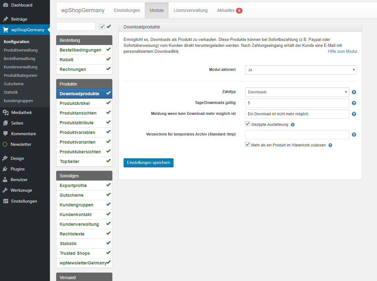Backend: Einstellungen für das Modul Downloadprodukte