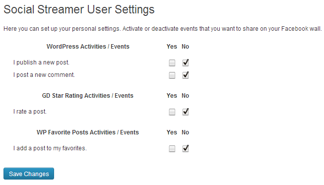 User Settings on the WP Dashboard