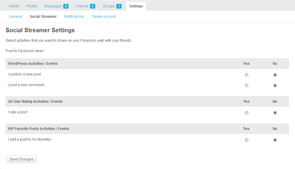 User Settings on BuddyPress Settings Page