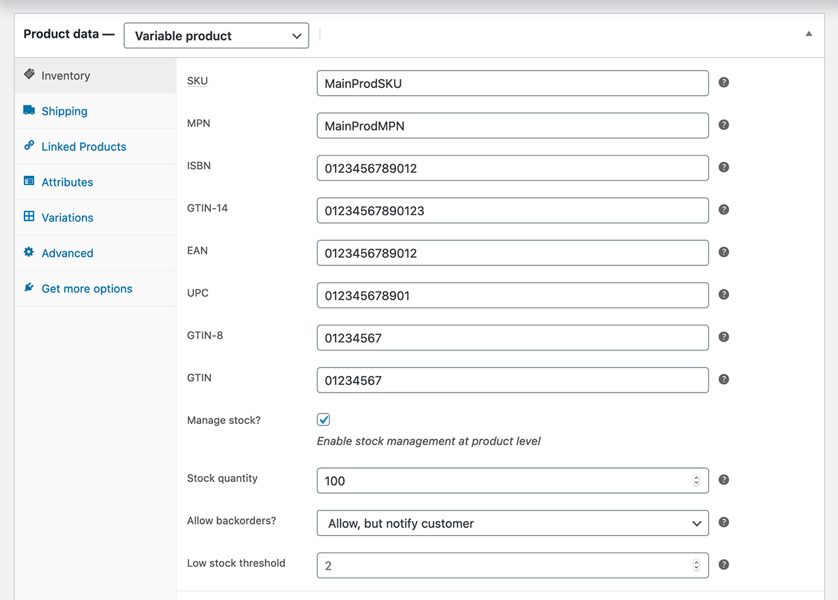 Enabled product metadata fields are added seamlessly under the product inventory tab.