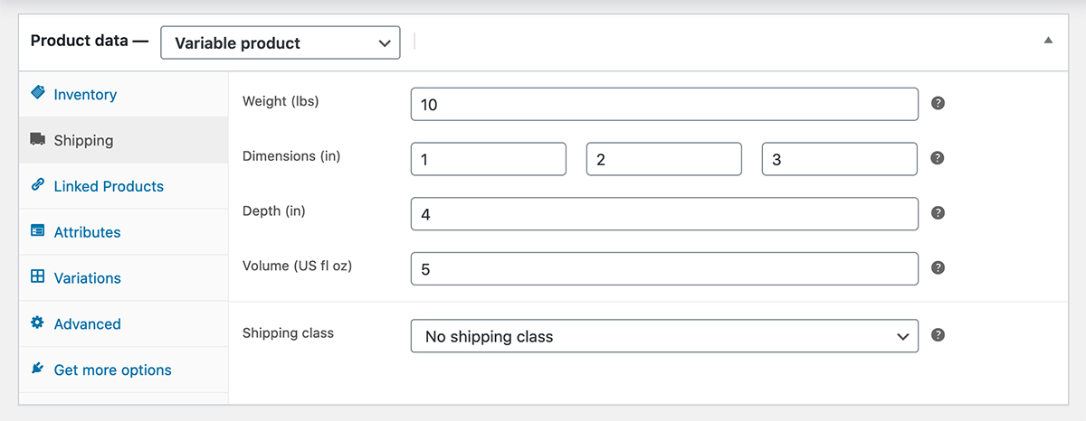 Enabled depth and volume metadata fields are added seamlessly under the product shipping tab.