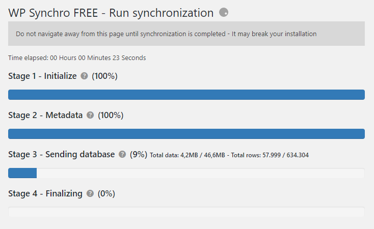 WP Synchro performing a database migration