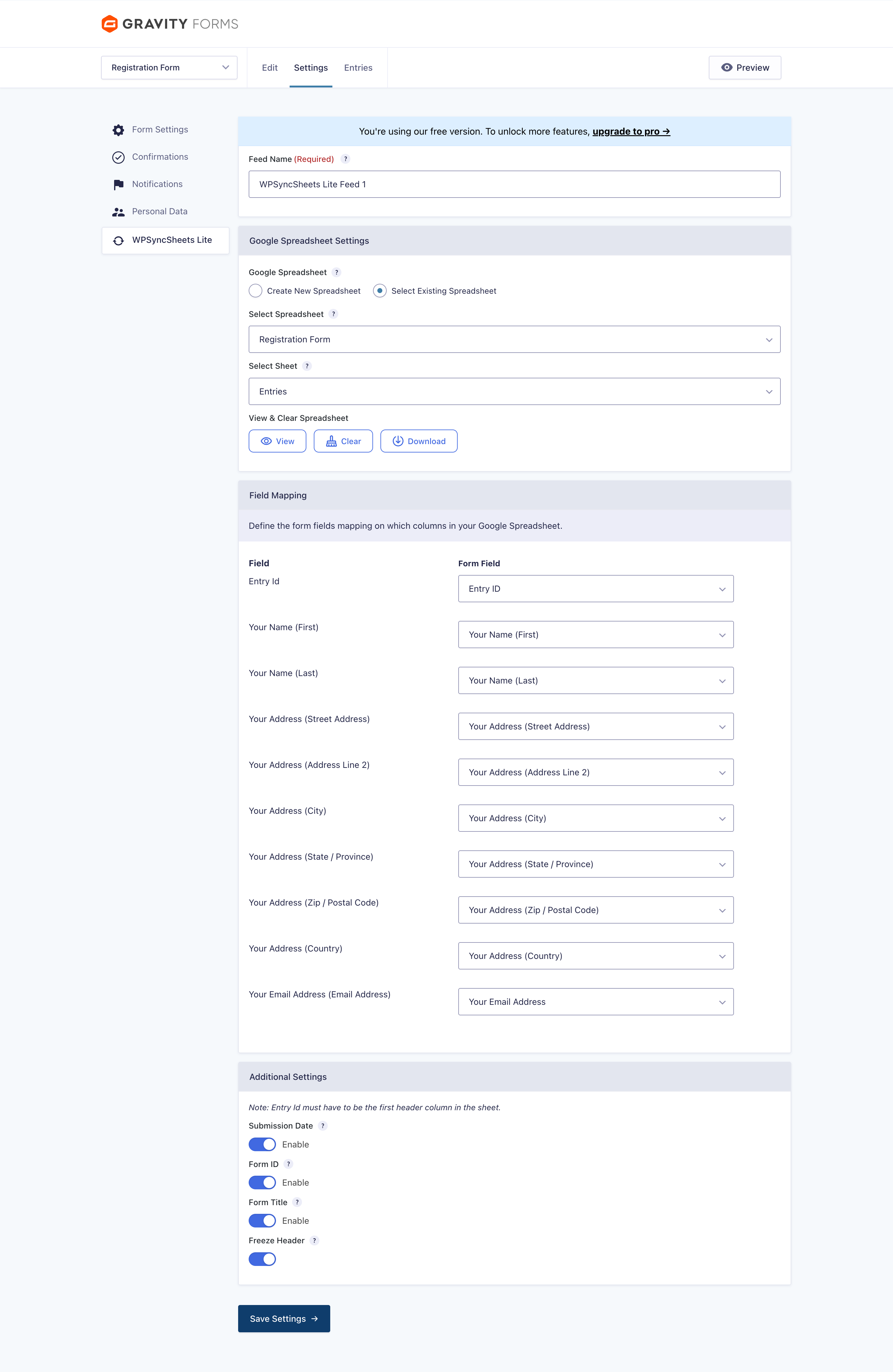 WPSyncSheets For Gravity Forms feed settings