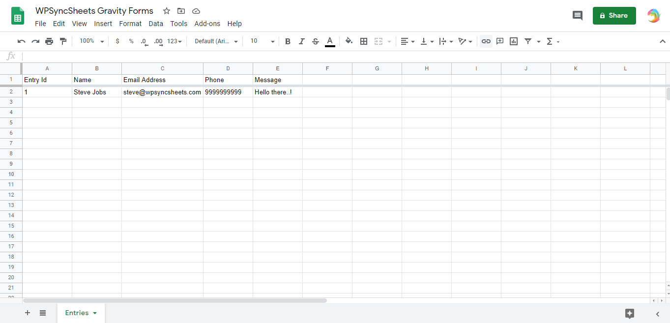 Export Gravity Forms to Google Spreadsheet entries