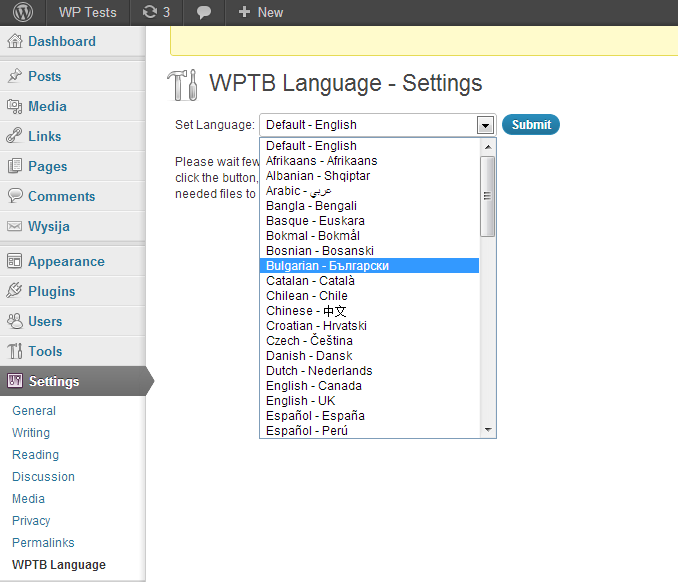 Easily switch to your language. The plugin will download the needed language files from the Wordpress Repository and will activate the selected language.
