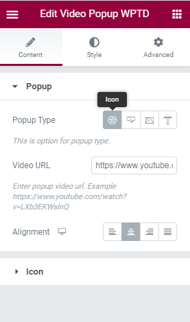 **Elementor Shortcode Options.** This is preview for video popup elementor shortcode options.