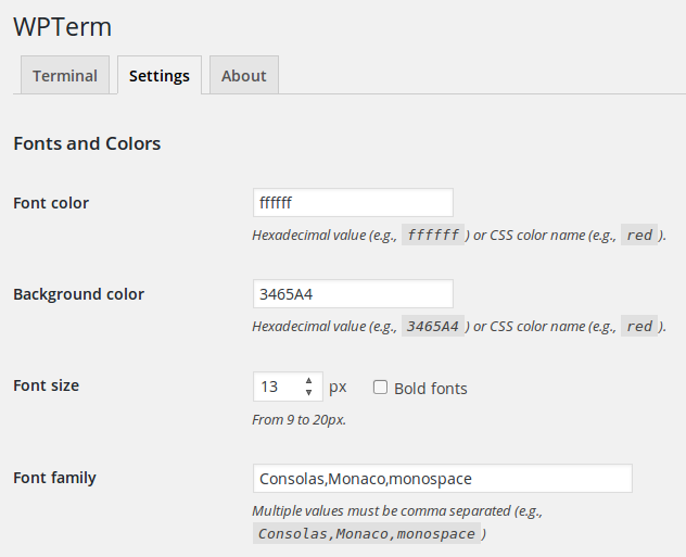 Settings (fonts and colors).