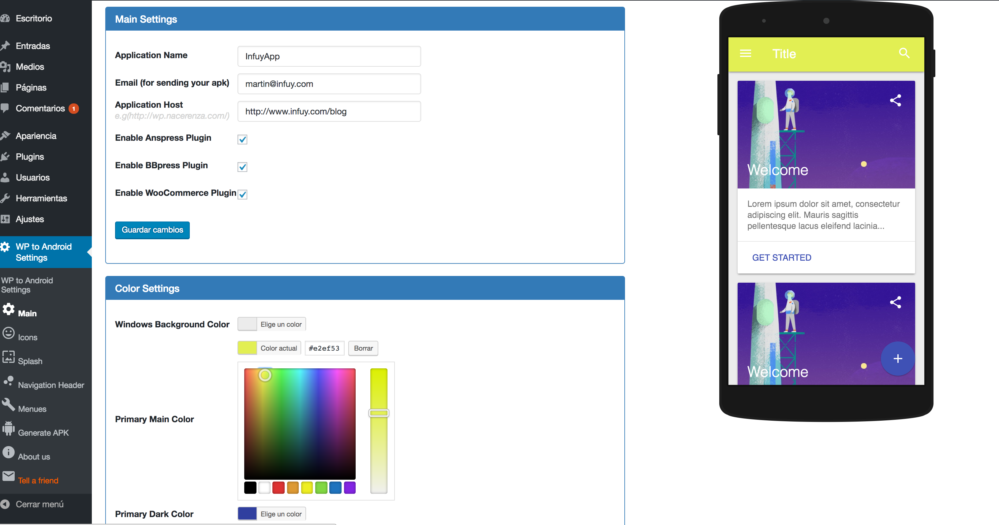 Color settings example
