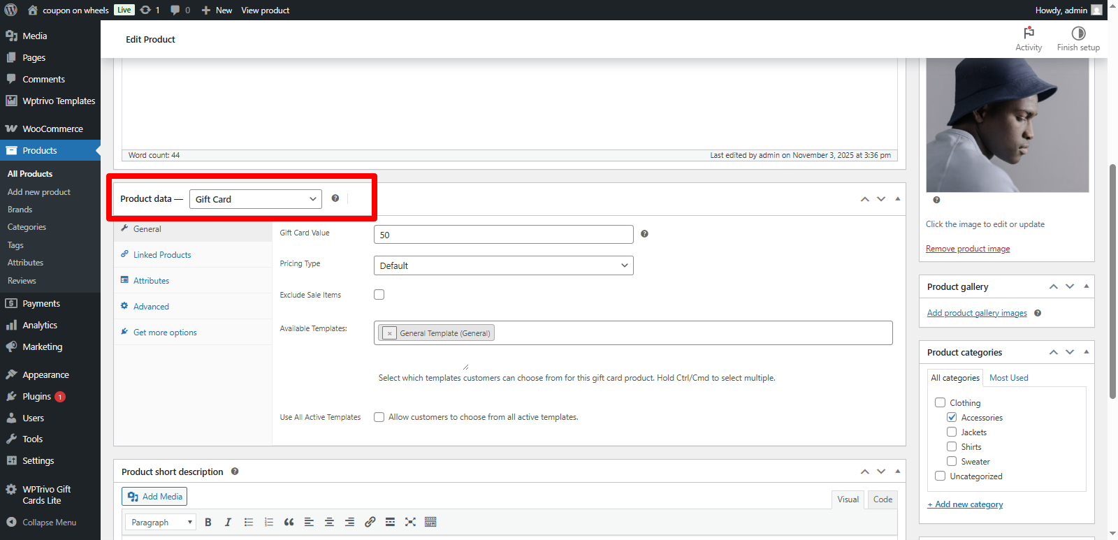 Admin product edit screen – enable gift card options.