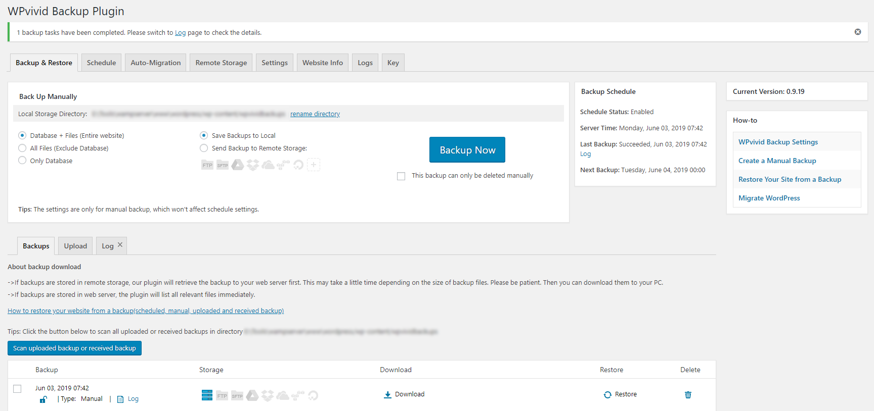 WPvivid Backup & Migration plugin Dashboard