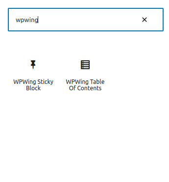 WPWing Sticky block in block search.