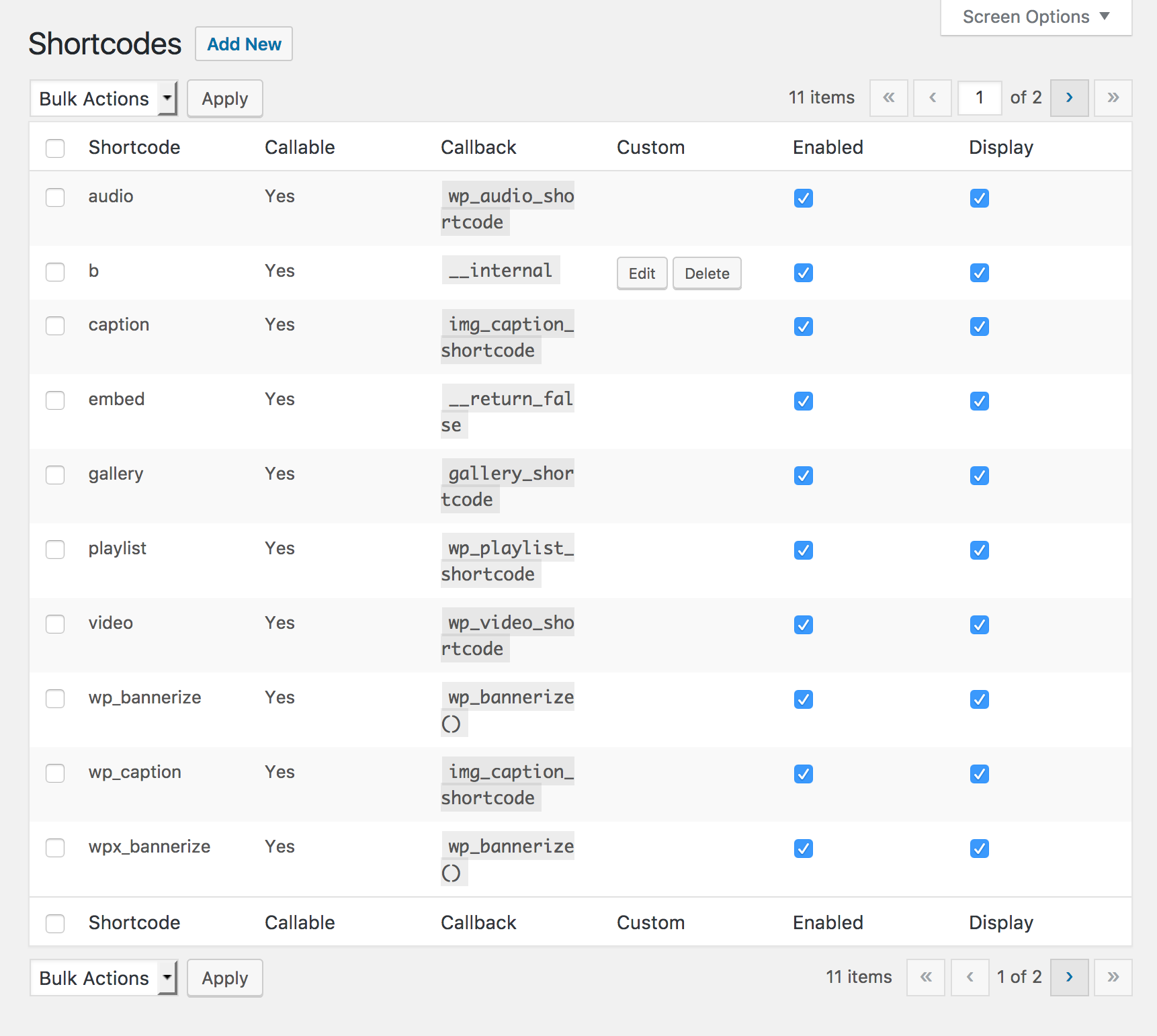 List of registered shortcodes