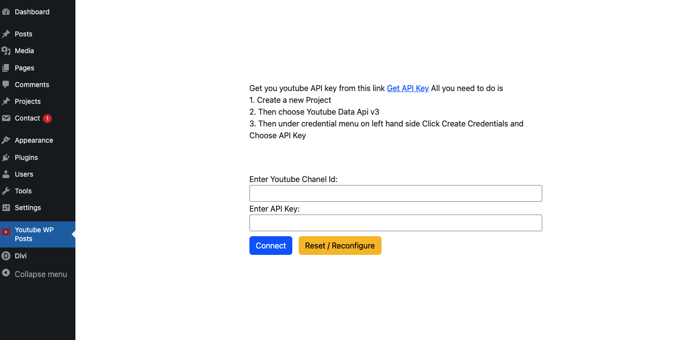 After getting your key and id, You can connect YouTube via this screen configuration by entering Chanel id and api key and click connect button as per shown in the screenshot.