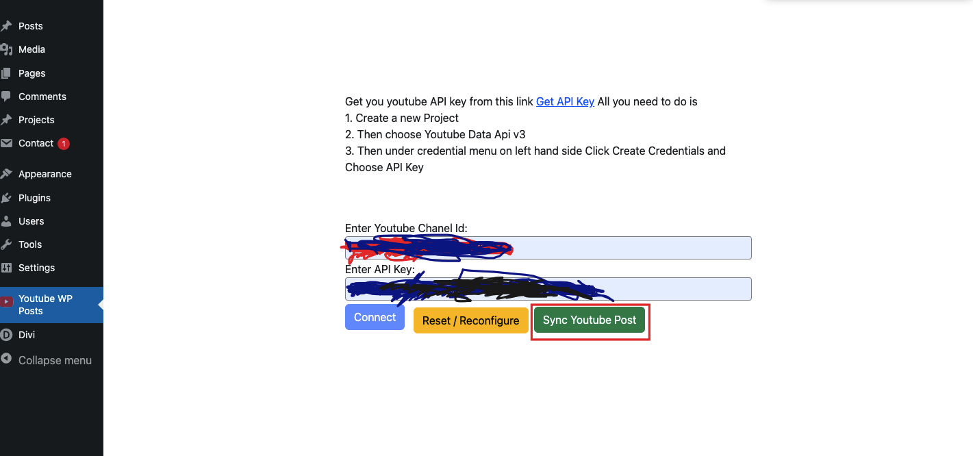 After connected successfully, you will see another button Sync Youtube Post when you click on that button it will fetch all YouTube post and insert into Wordpress post.