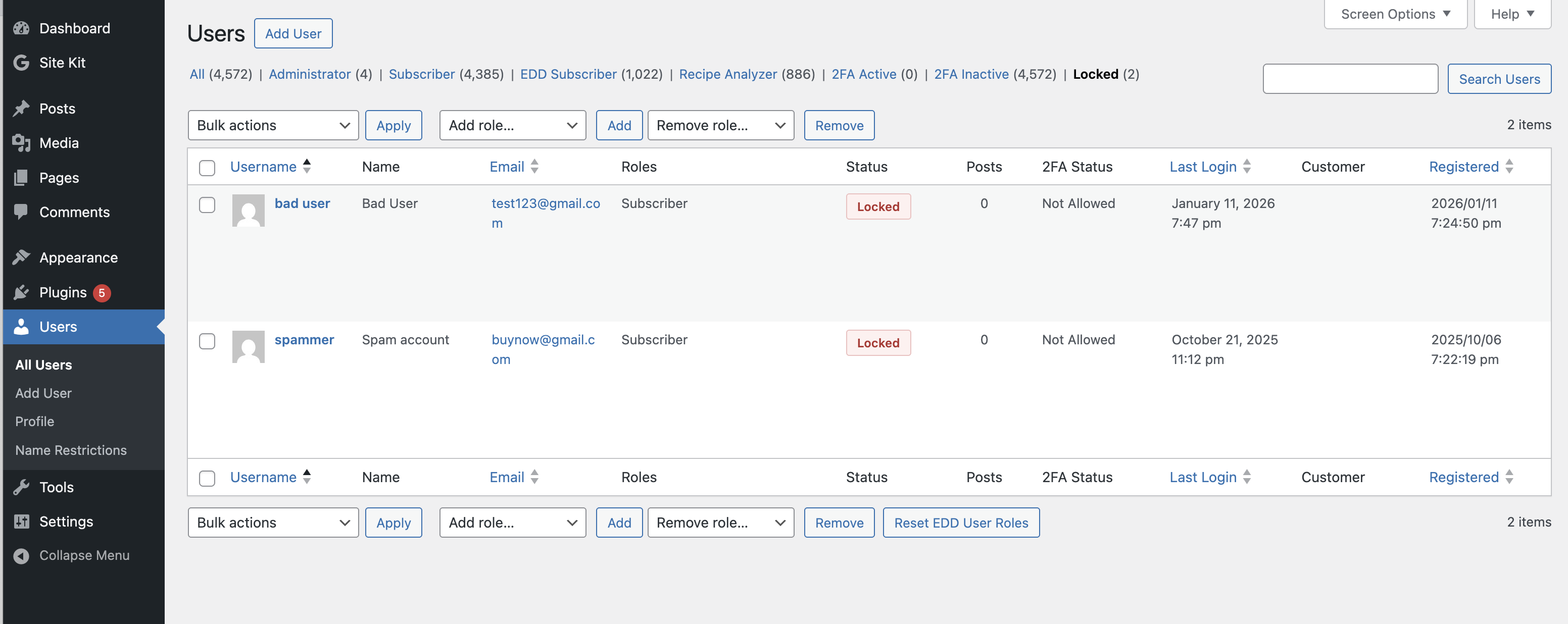 Lock/unlock user account from the user edit page