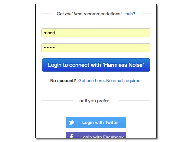 The responsive login/sign-up page on wripl.com allowing your users to connect socially, or to sign up for an account with no email required.