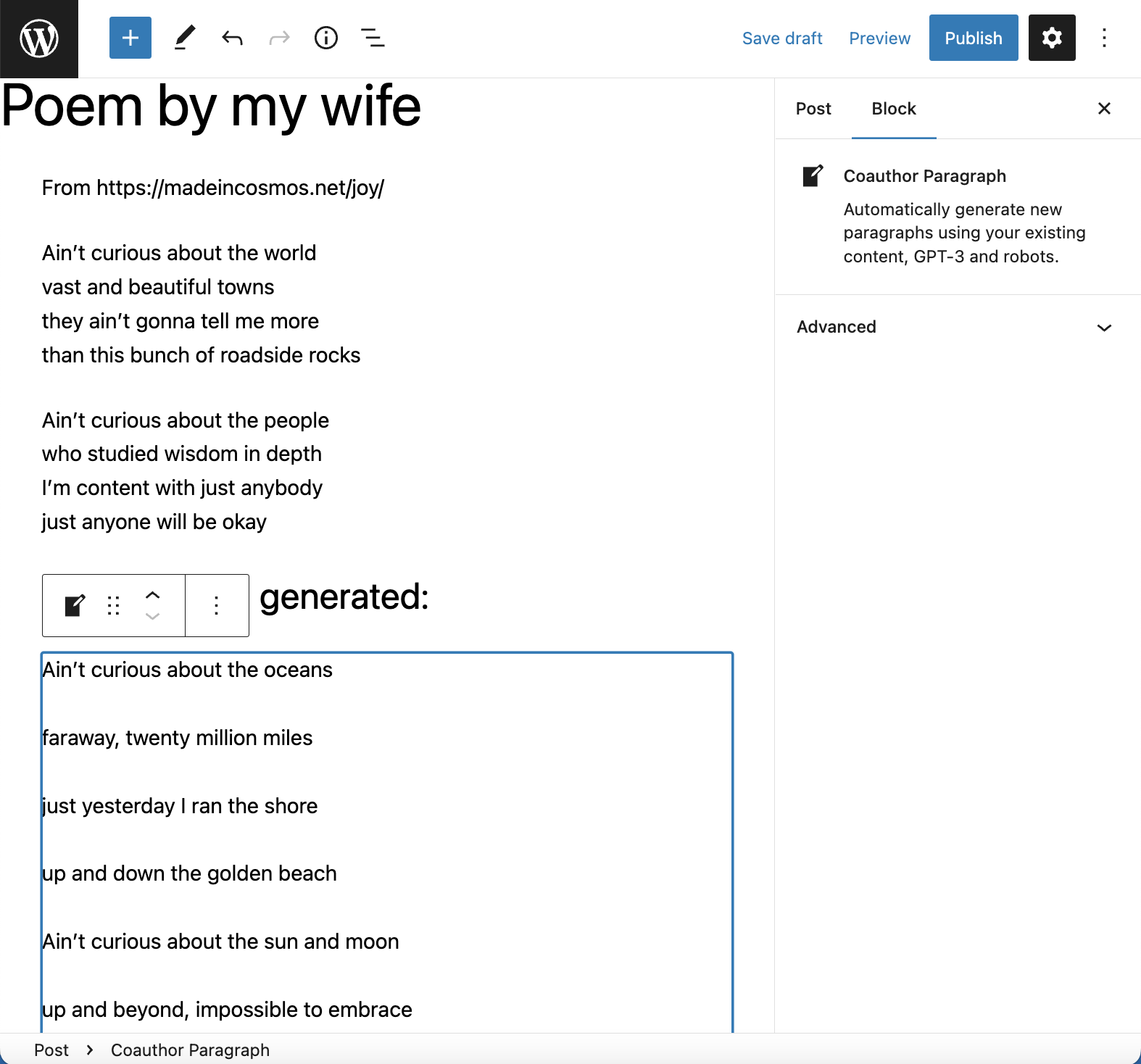 Auto-completed poetry with Coauthor Paragraph