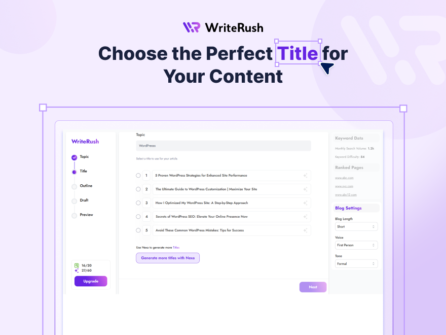 **WriteRush Dashboard** – Quick access to blogs, social posts, and brand voice training