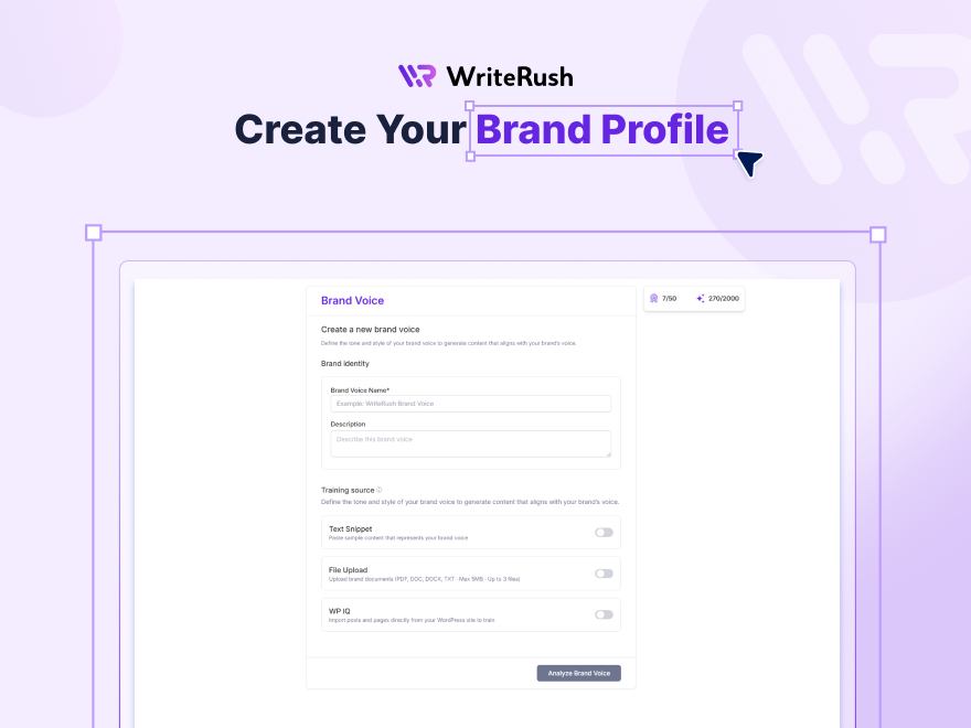 **WriteRush Dashboard** – Quick access to blogs, social posts, and brand voice training