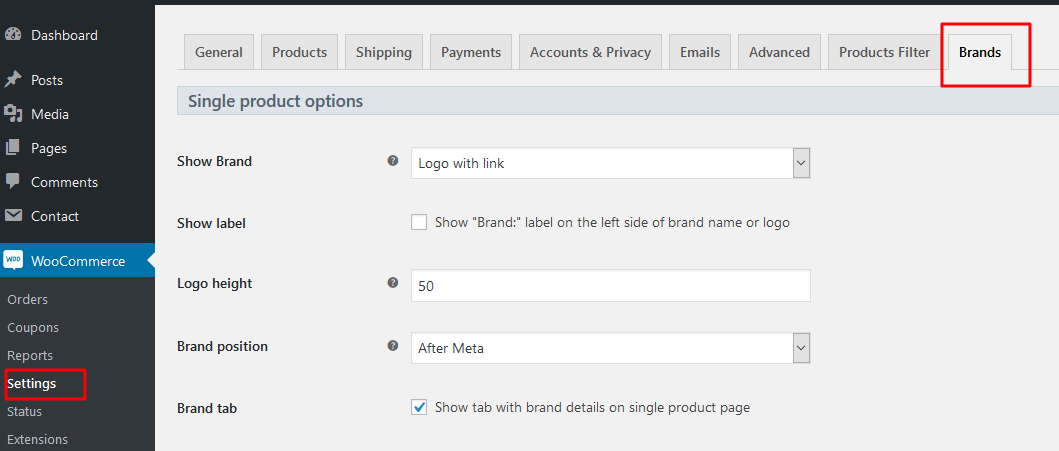 Brand is assigned to product via custom metabox using dropdown list