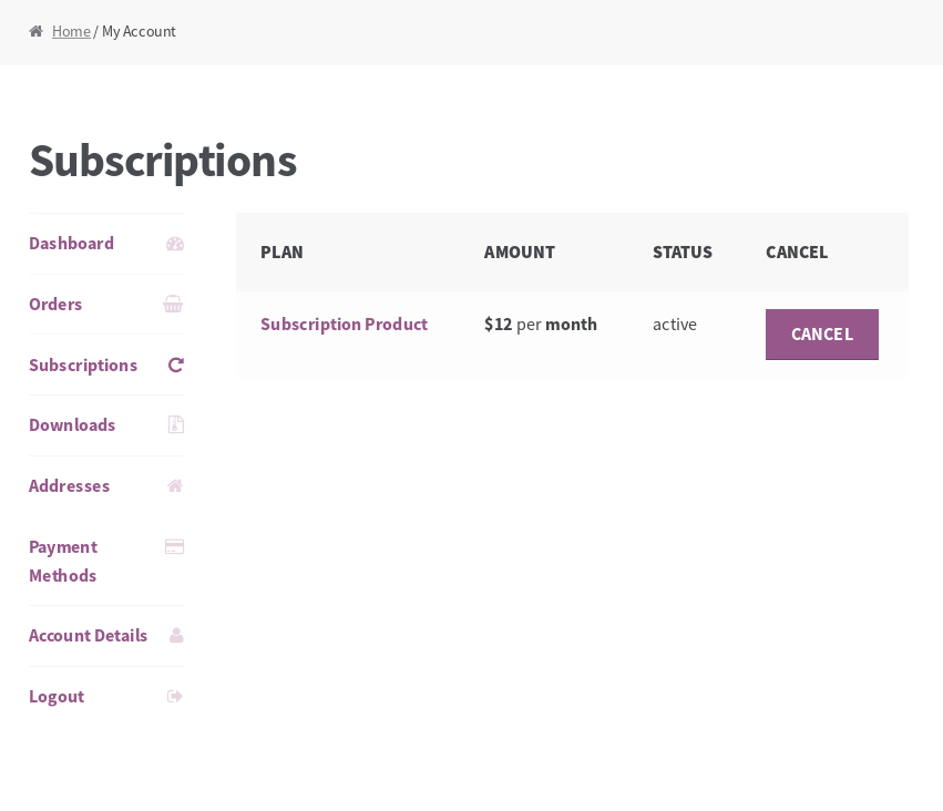 Subscriptions tab in the My Account screen.