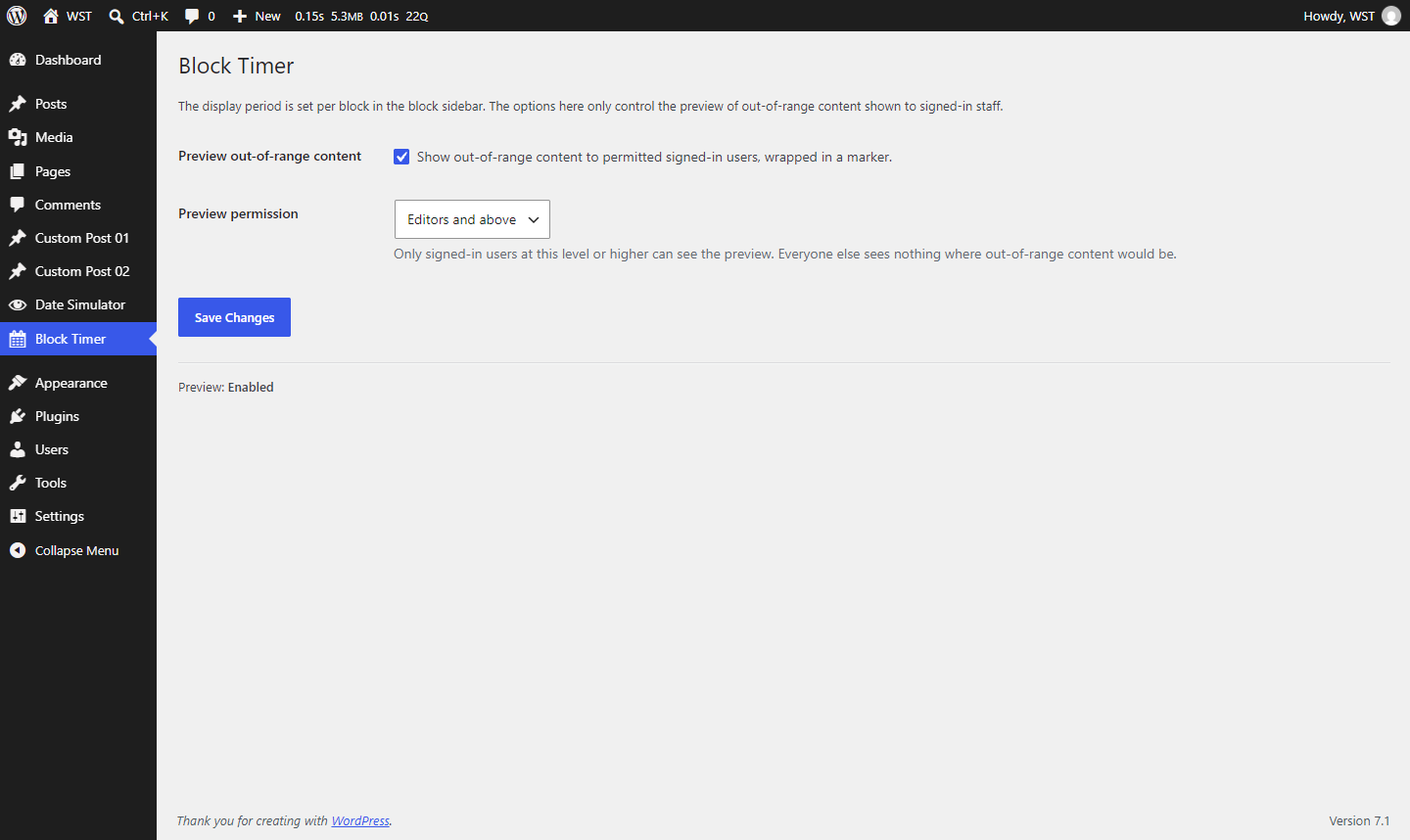 Settings screen (preview toggle and preview permission)