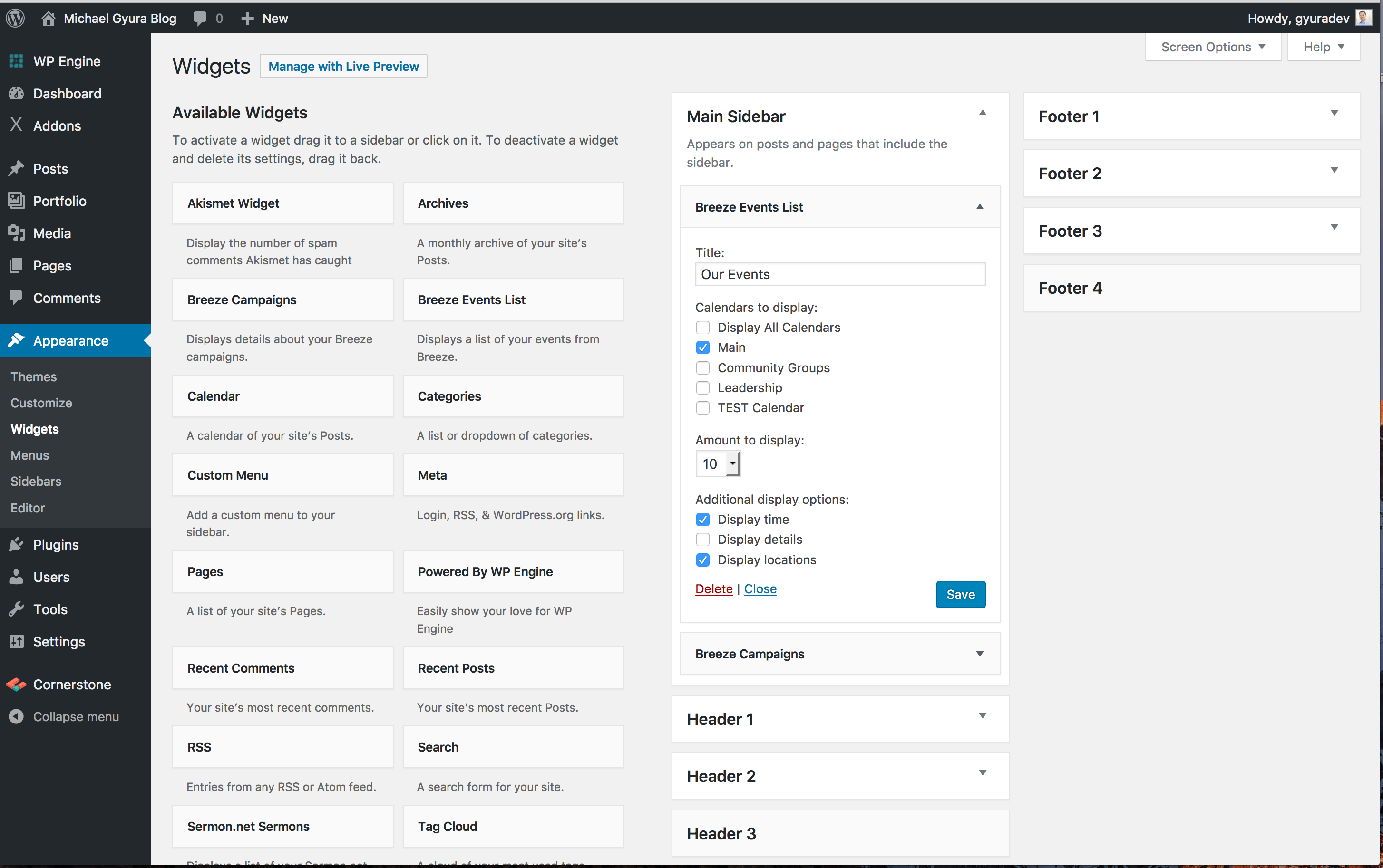 **Widget** - To drop a Breeze event or campaign list onto a sidebar, drag the widget into place and select your preferences.