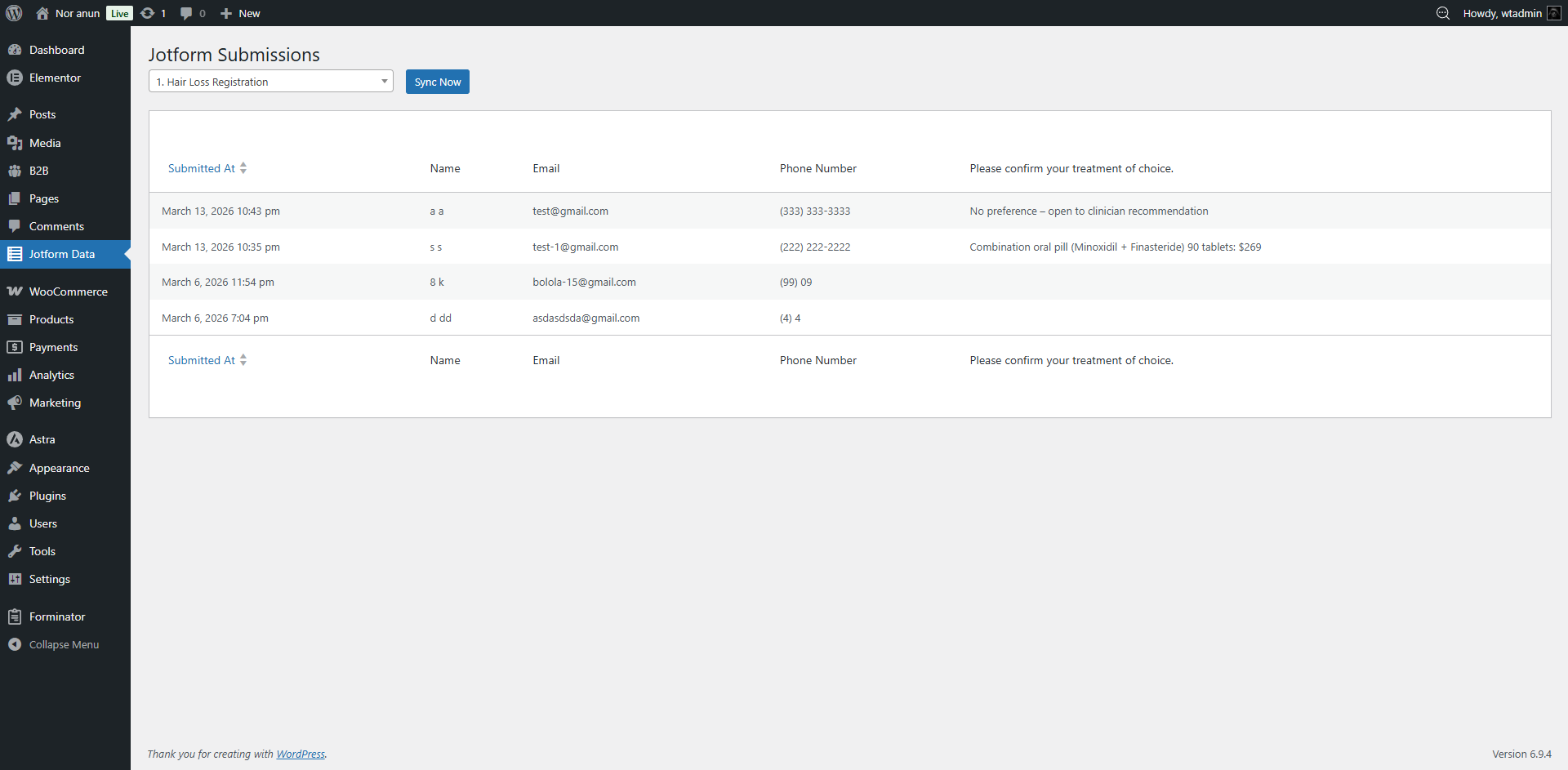 The interactive dashboard displaying fetched Jotform submissions.