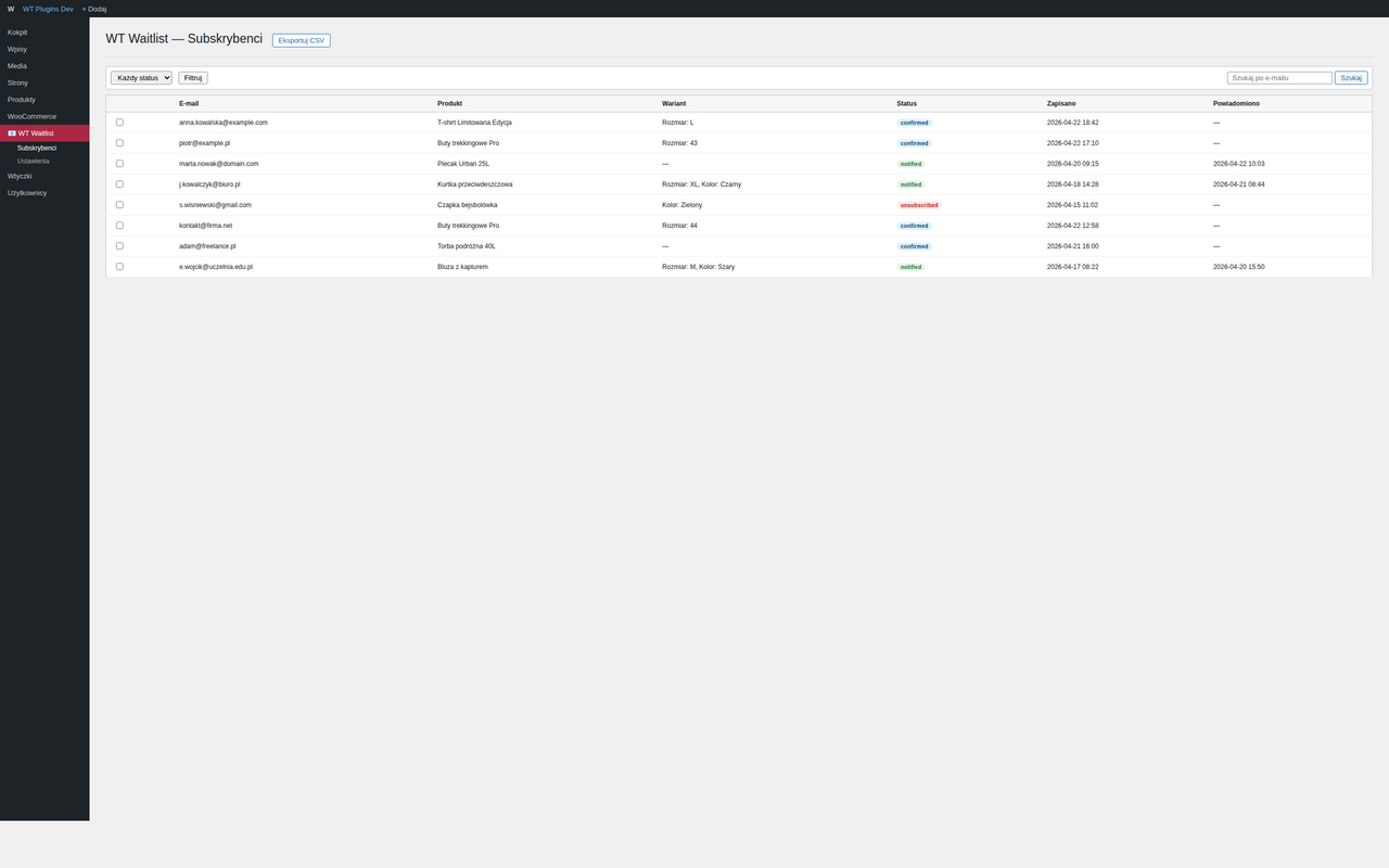 Subscriber management screen in the admin with filters, statuses and CSV export.