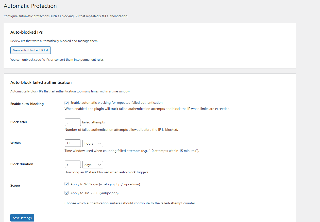 Automatic blocking configuration for repeated authentication failures.