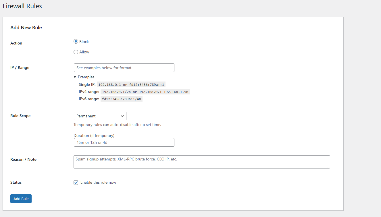 Manual IP allow and block configuration screen.