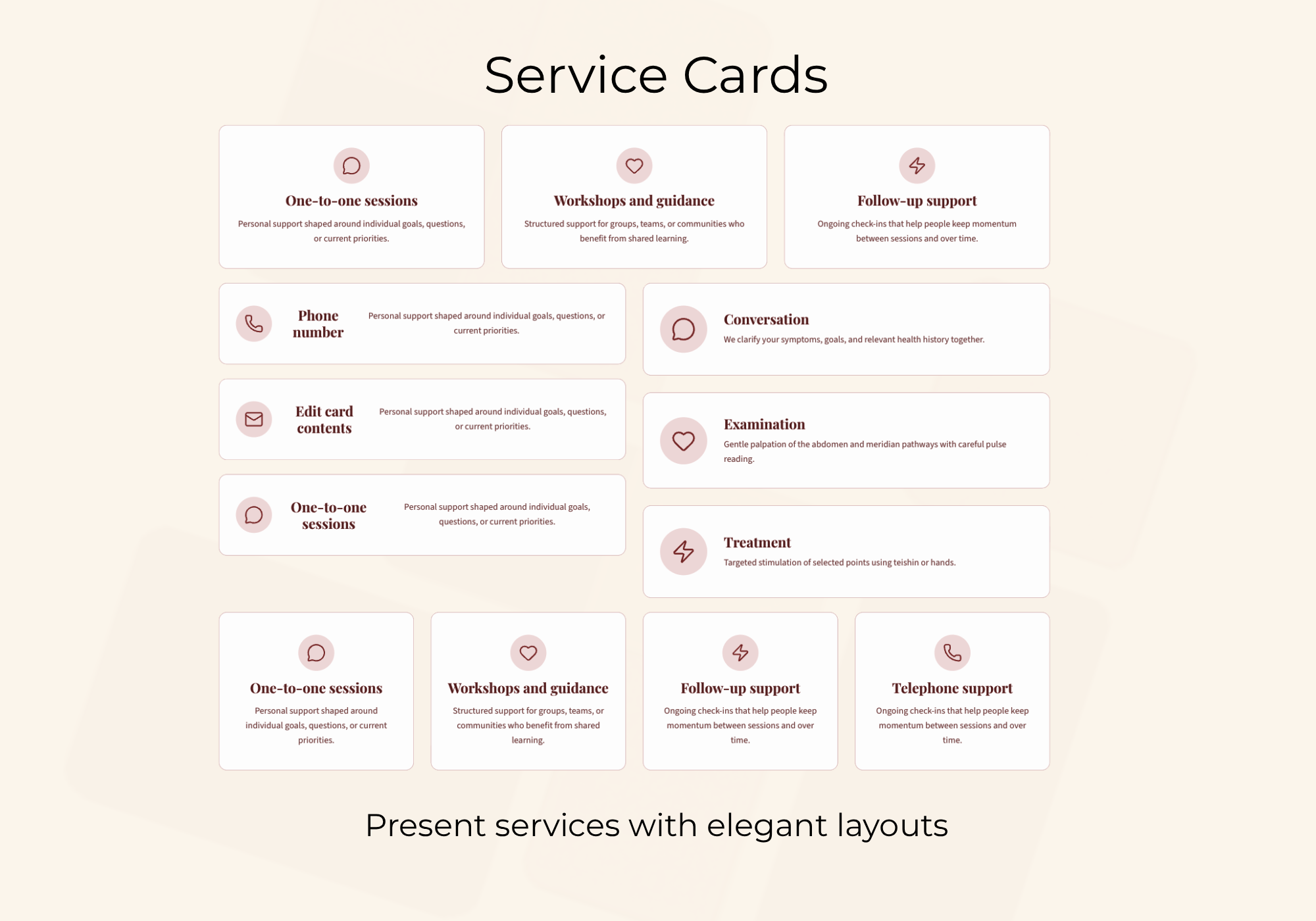 Service Card layouts for presenting individual services and grouped service sections.