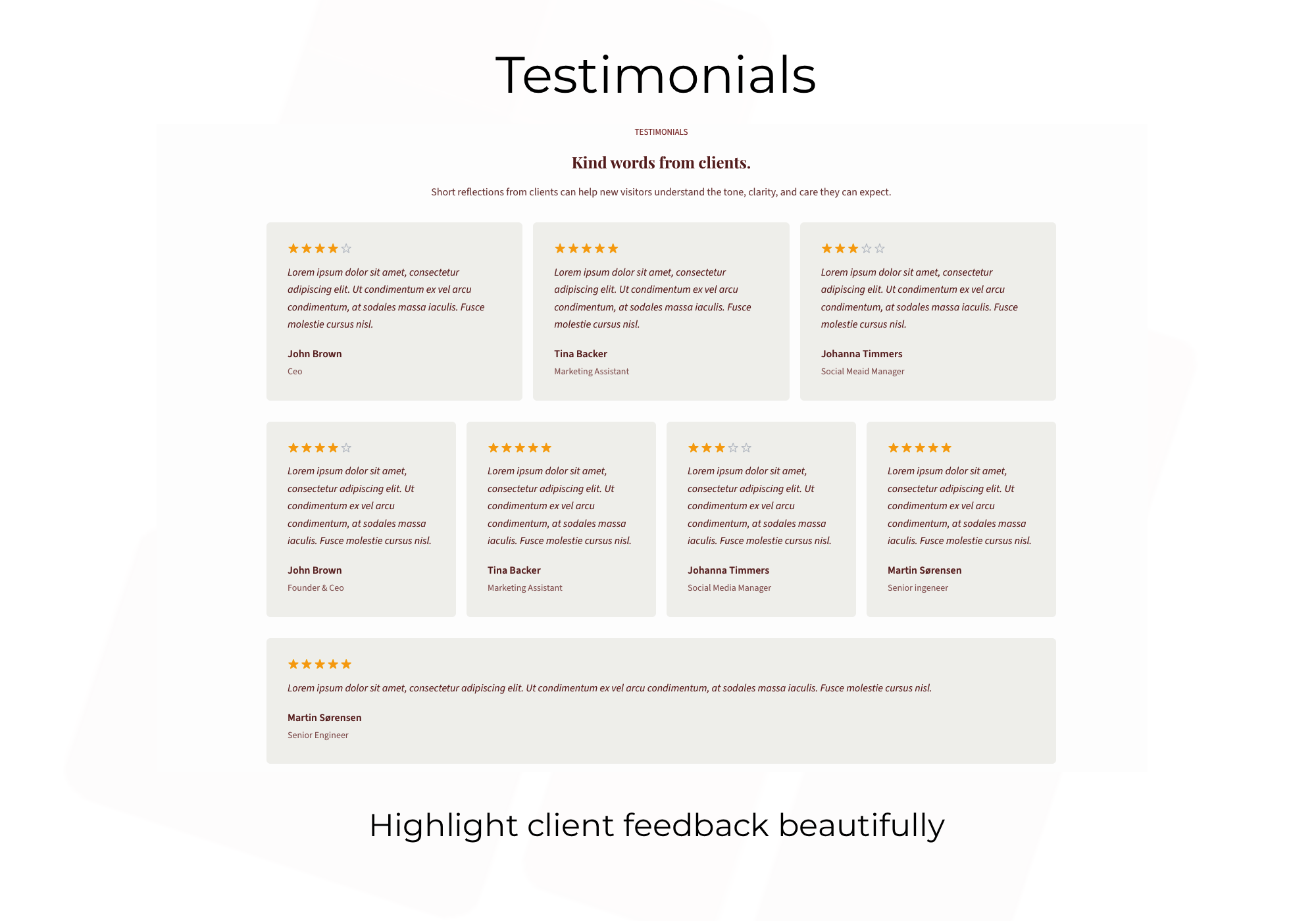 Testimonial block layouts for showcasing single quotes and larger review grids.